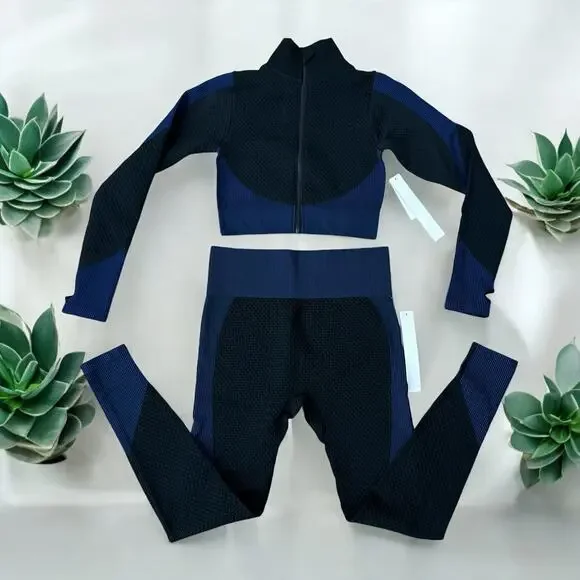 New Mix Zip Up Cropped Active Top & High Waist Leggings Set Black & Blue Size S - Picture 1 of 6
